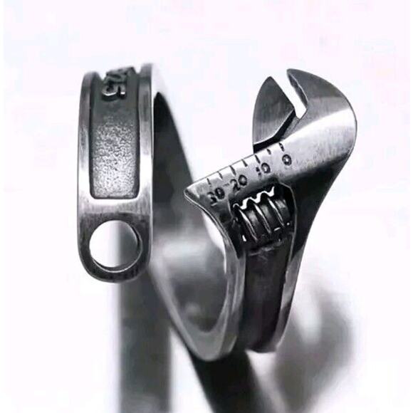 Adjustable Wrench Ring Retro VTG Design Motorcycle Men Tool Worker